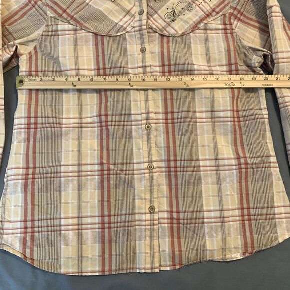 Cabelas Shirt Womens XL Beige Plaid Long Sleeve Western Floral Embroidered - Picture 4 of 8